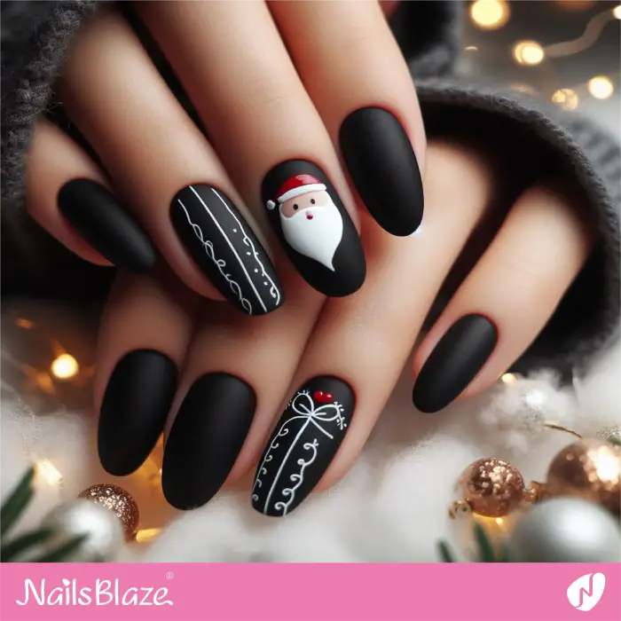 Black Nails with Santa Head Nail Design | Christmas Nails - NB1680